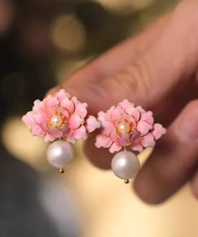 Pink Alloy Pearl Drip Glaze Peach Blossom Stud Earrings