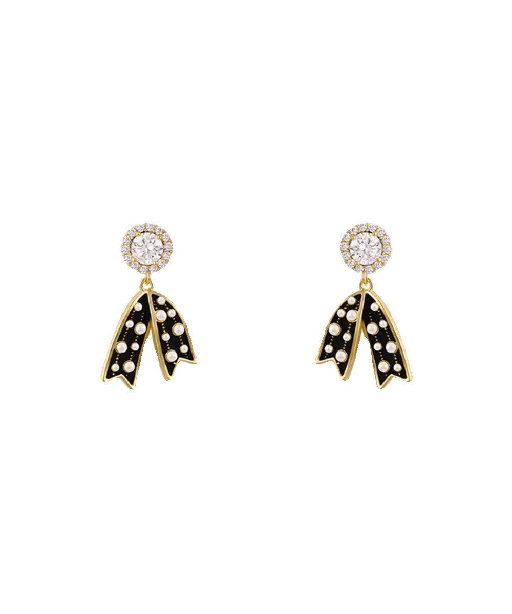 Black Sterling Silver Zircon Pearl Tassel Drop Earrings