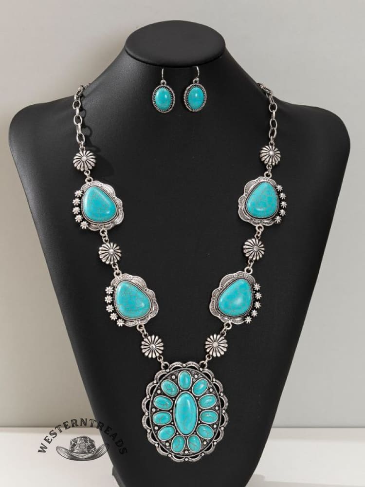 Western Style Retro Special-shaped Turquoise Necklace With Earrings Jewelry Set