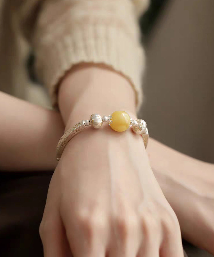Retro Light Yellow 925 Silver Silver Beeswax Patchwork Pearl Charm Bracelet