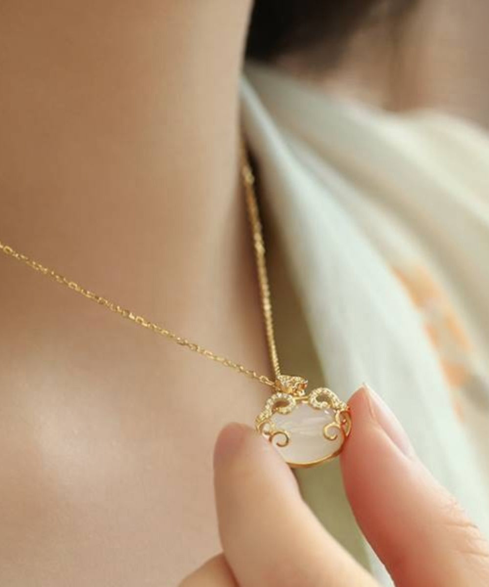 Gold Sterling Silver Overgild Zircon Jade Pendant Necklace Wf011