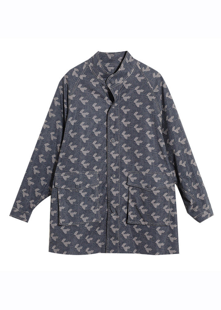 Blue Stand Collar Print Pockets Coats Long Sleeve
