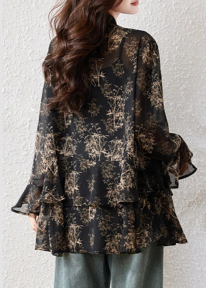 Black Oversized Print Chiffon Shirts Fall