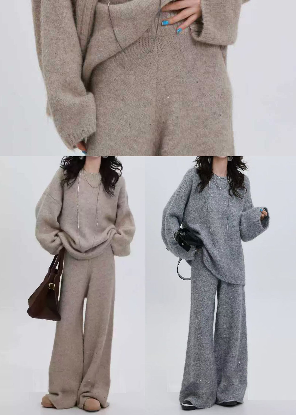 Khaki Warm Knit Cozy Two Pieces Set Sequins Winter