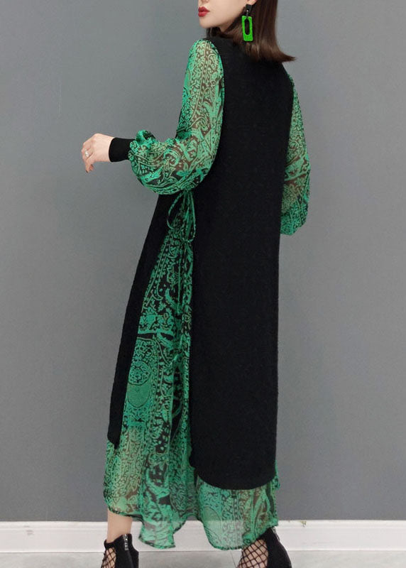Diy Green O-neck Tie Waist Lace Patchwork Knit Dress Spring