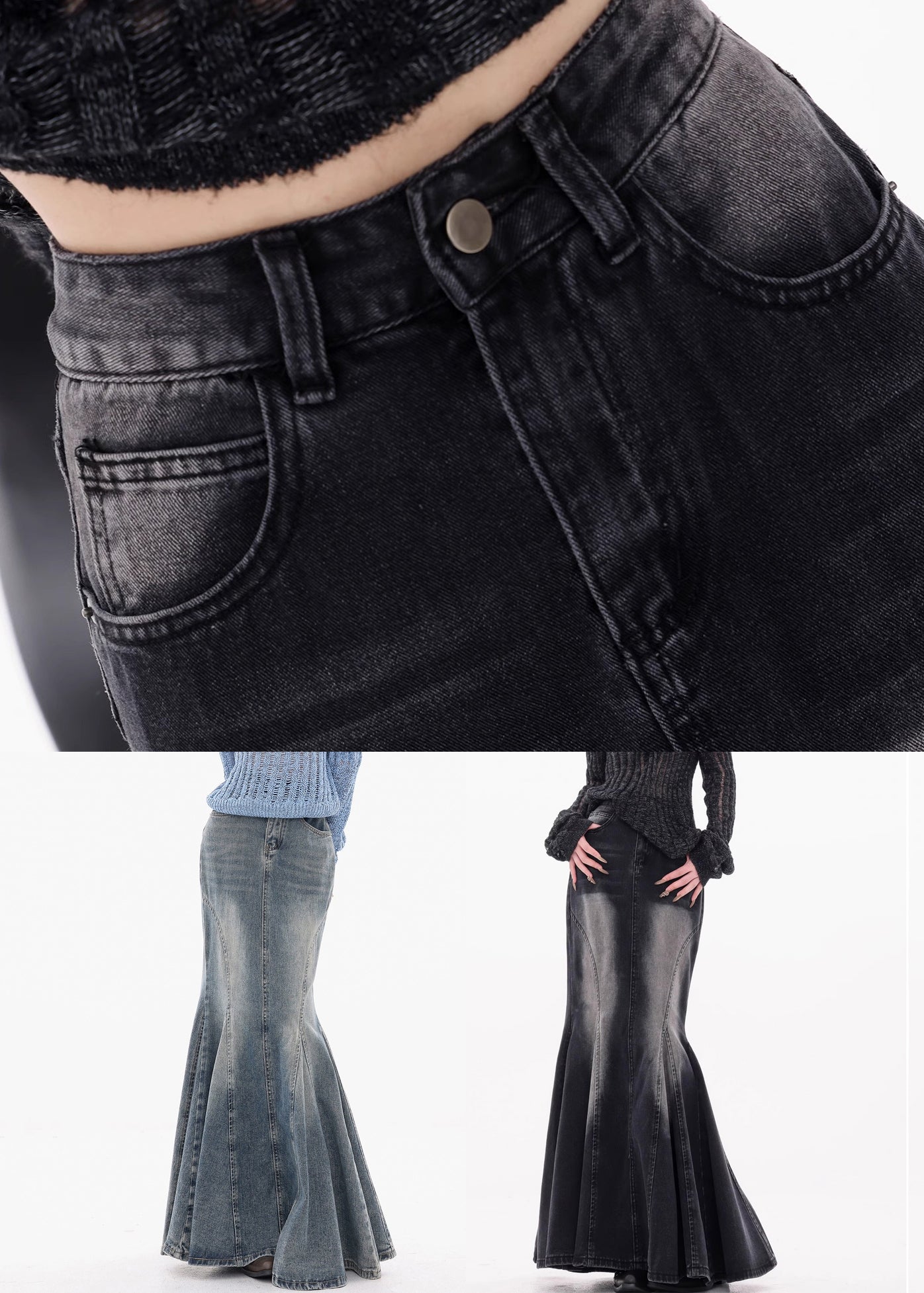 Blue Button Original Design Fishtail Skirts High Waist Fall