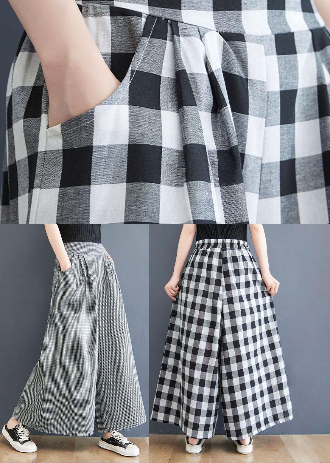 Boutique Big Grid High Waist Wide Leg Pants Summer Cotton Linen