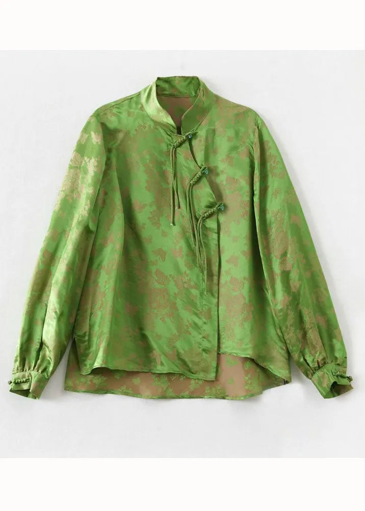 Green Tasseled Chinese Button Jacquard Patchwork Silk Shirt Spring