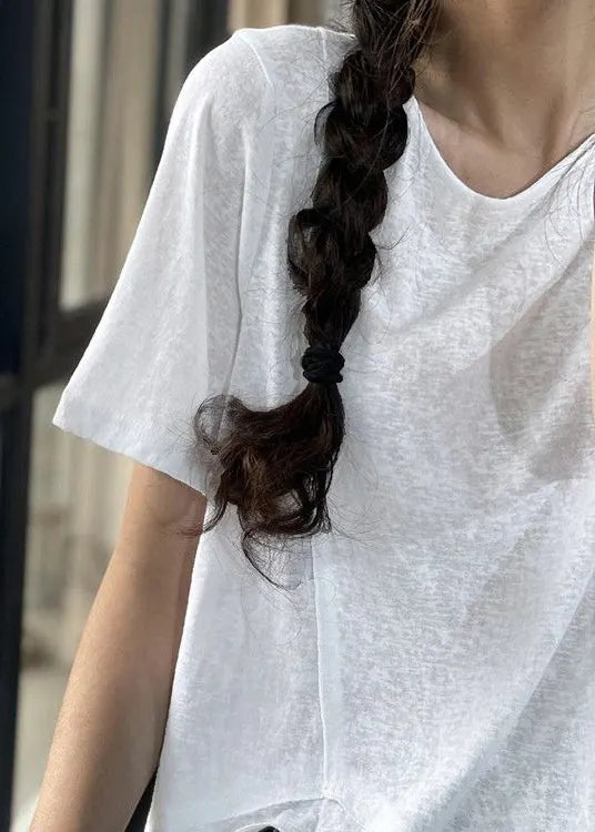 Unique White O-neck Asymmetrical Design Cotton Top Short Sleeve