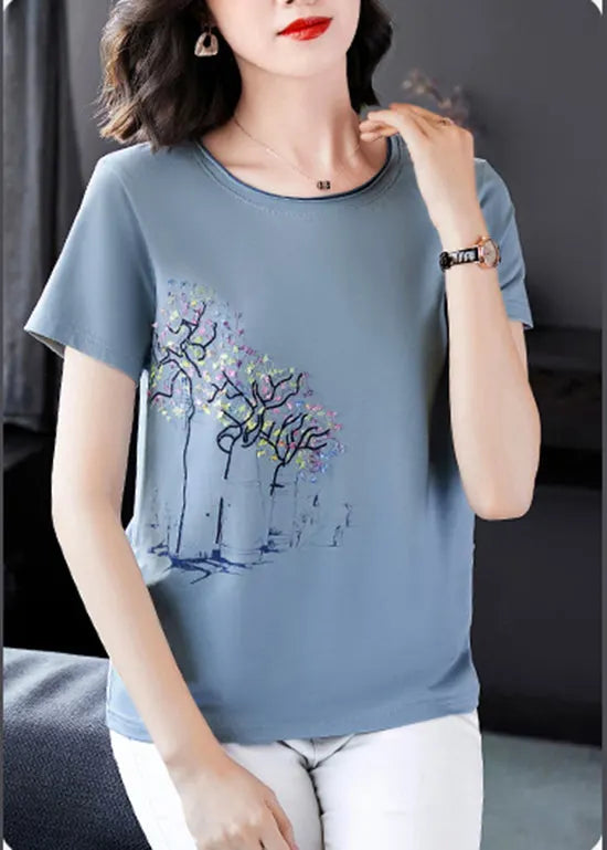 Italian Light Blue O-neck Embroideried Modal Cotton Tank Tops Short Sleeve