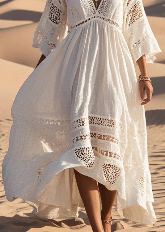 French White Oversized Hollow Out Cotton Dress Bracelet Sleeve Summer