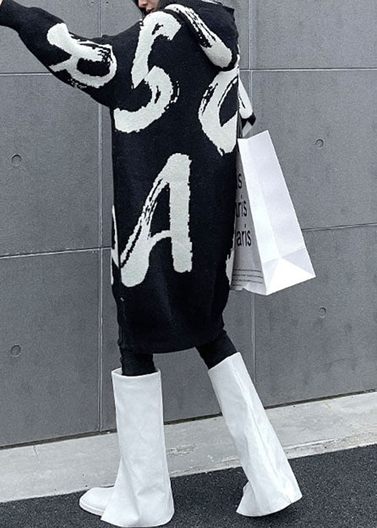 Black Hooded Print Knit Sweater Dress Spring