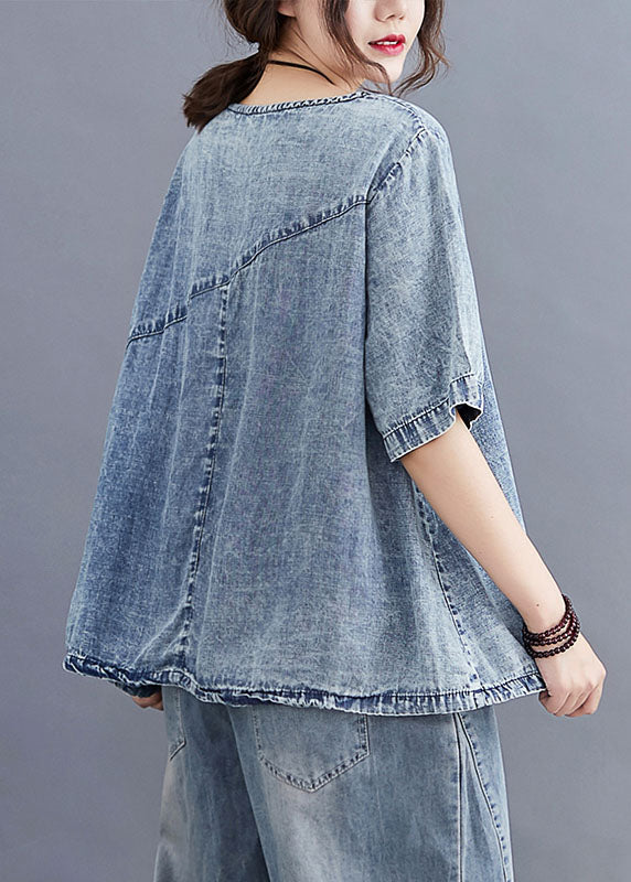 Blue O Neck Plaid Patchwork Denim T Shirt Top Summer