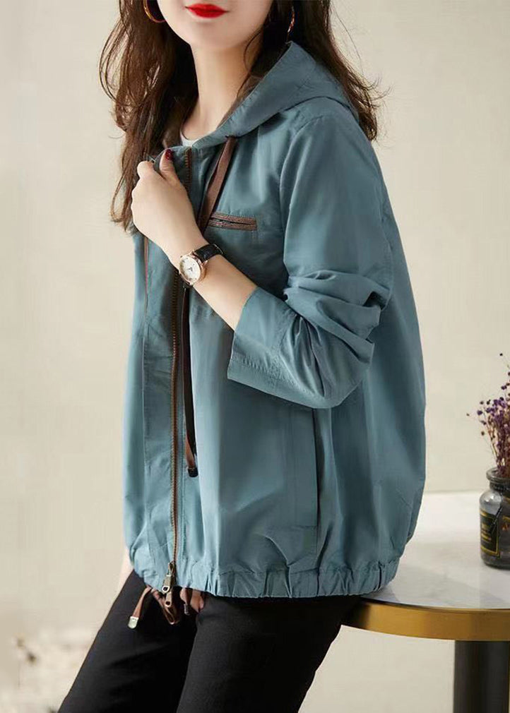 Blue Hooded Zippered Pockets Cotton Coat Fall