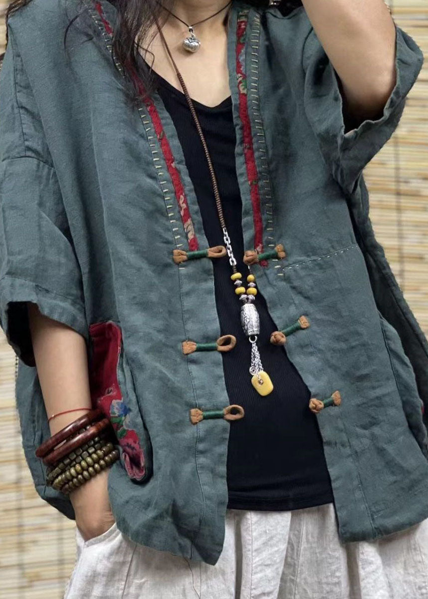 Red V Neck Pockets Chinese Button Patchwork Linen Coats Summer