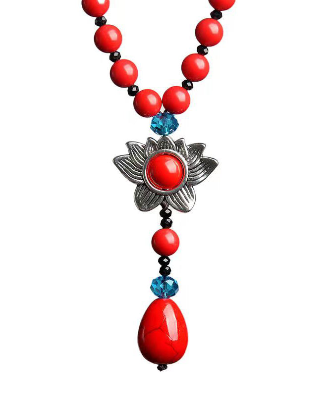 Crystal Patchwork Red Cinnabar Pendant Necklace