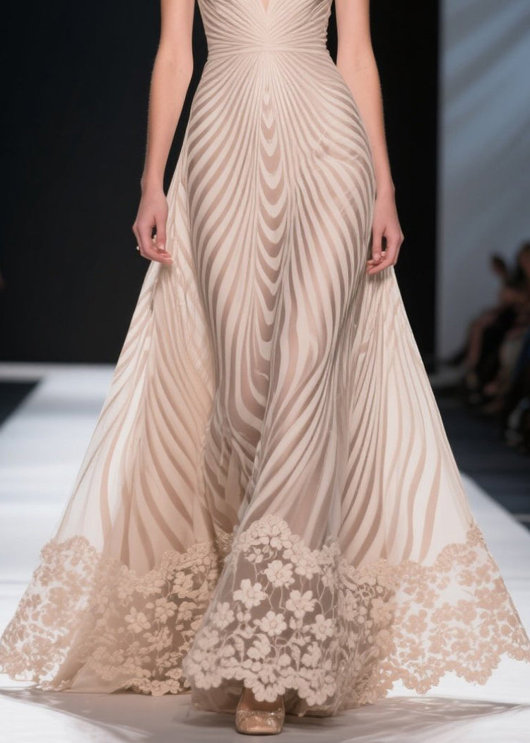Apricot Striped Patchwork Lace Silm Fit Evening Dress Summer