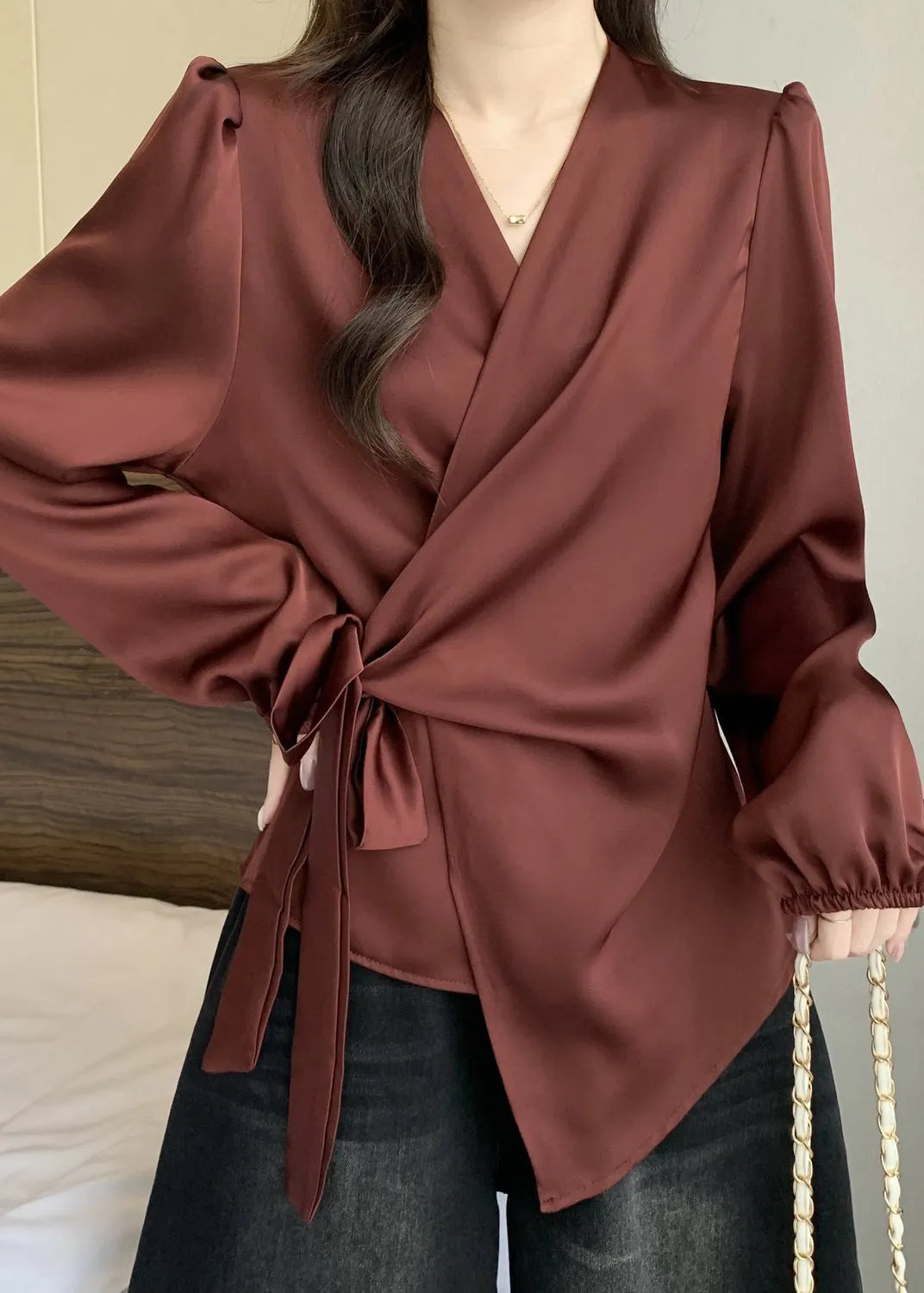 French Dull Red Tie Waist Draping Silk Blouses Fall