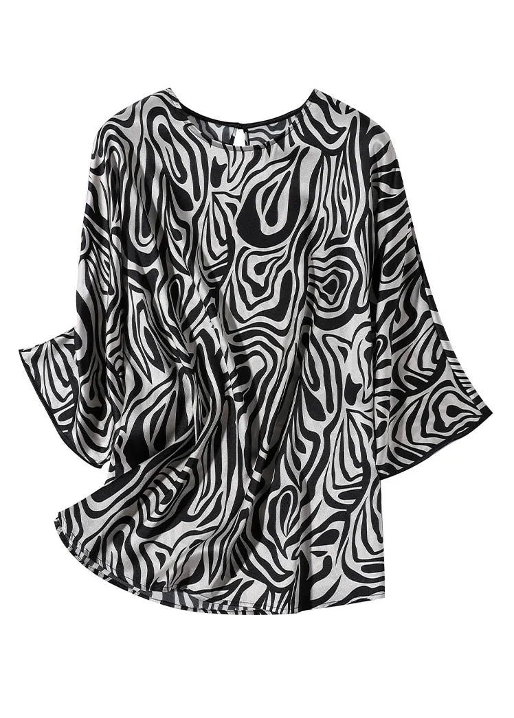 Loose Leopard O-neck Silk Tops Long Sleeve