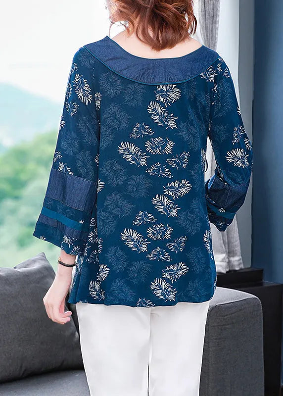 Boutique Blue Tie Waist Asymmetrical Design V Neck Print Patchwork Cotton Top Three Quarter Sleeve
