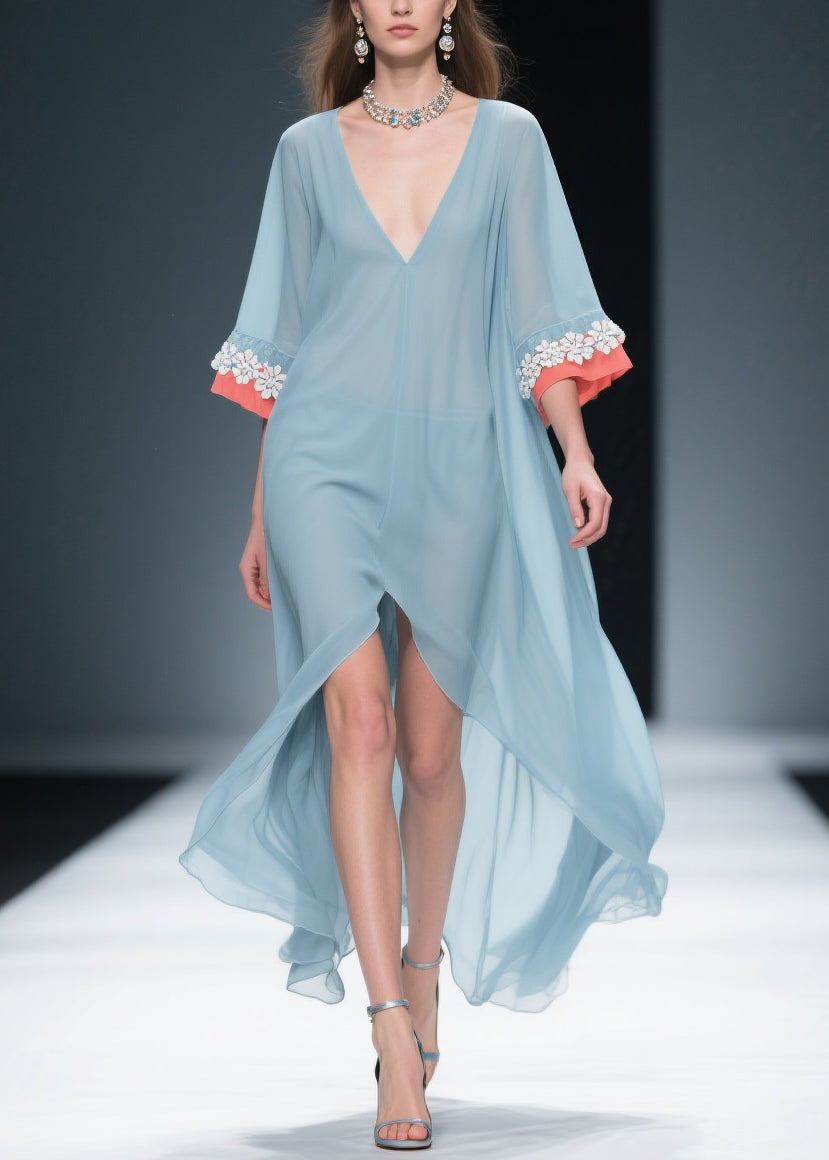 New Blue Low High Design Patchwork Chiffon Dresses Bracelet Sleeve