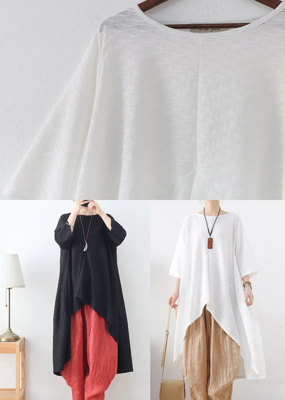 Black Loose Cotton Shirt Tops Low High Hesign Three Quarter Sleeve