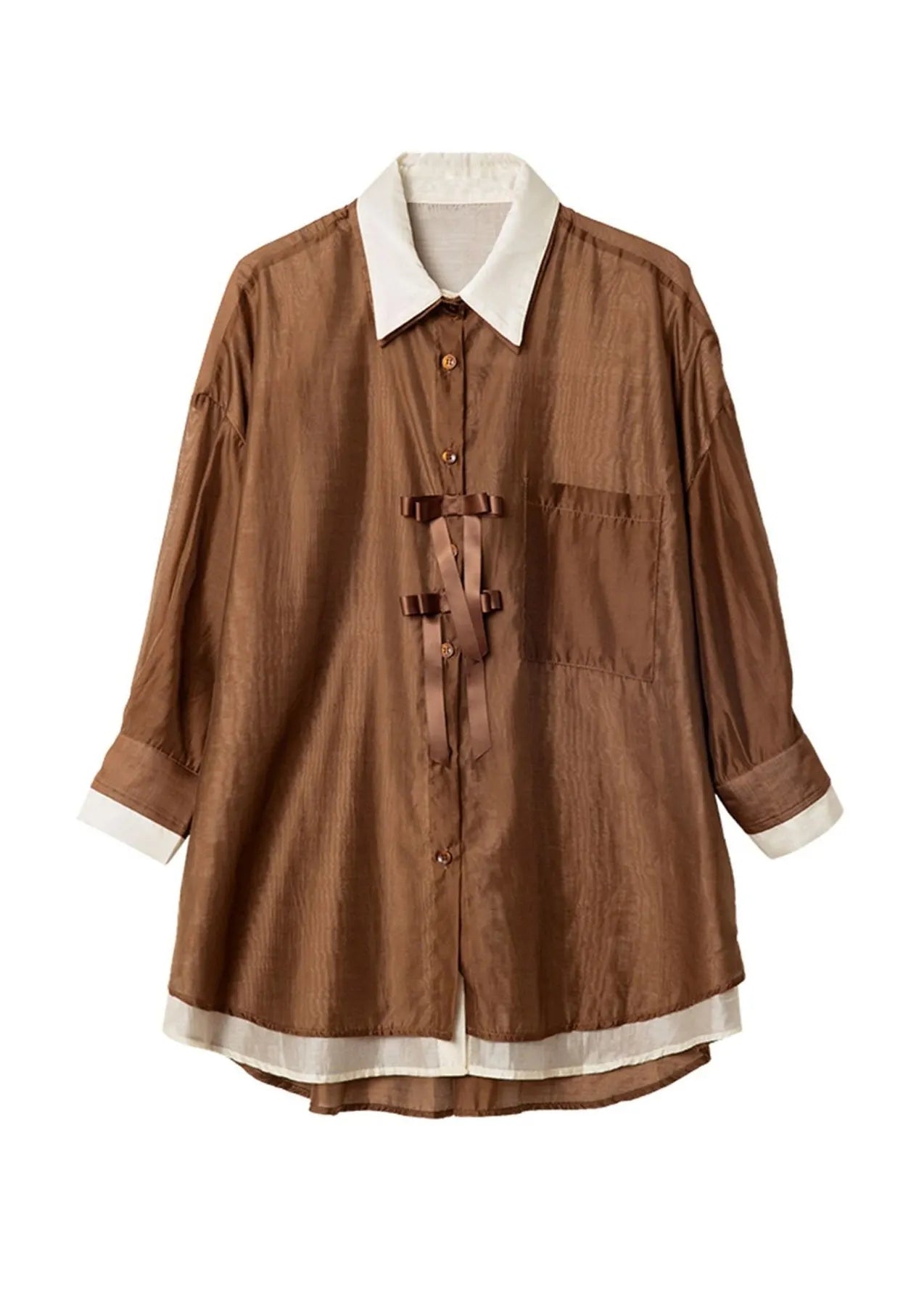 Style Coffee False Two Pieces Patchwork Chiffon Top Fall
