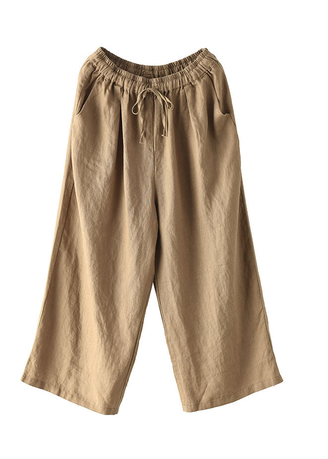 Loose Dark Khaki Elastic Waist Drawstring Linen Wide Leg Pants Spring