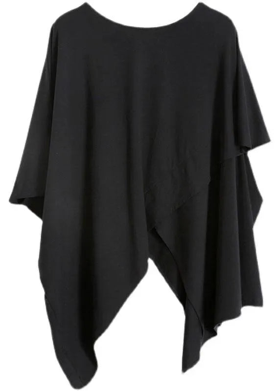 Black Cotton O Neck Asymmetric Tee