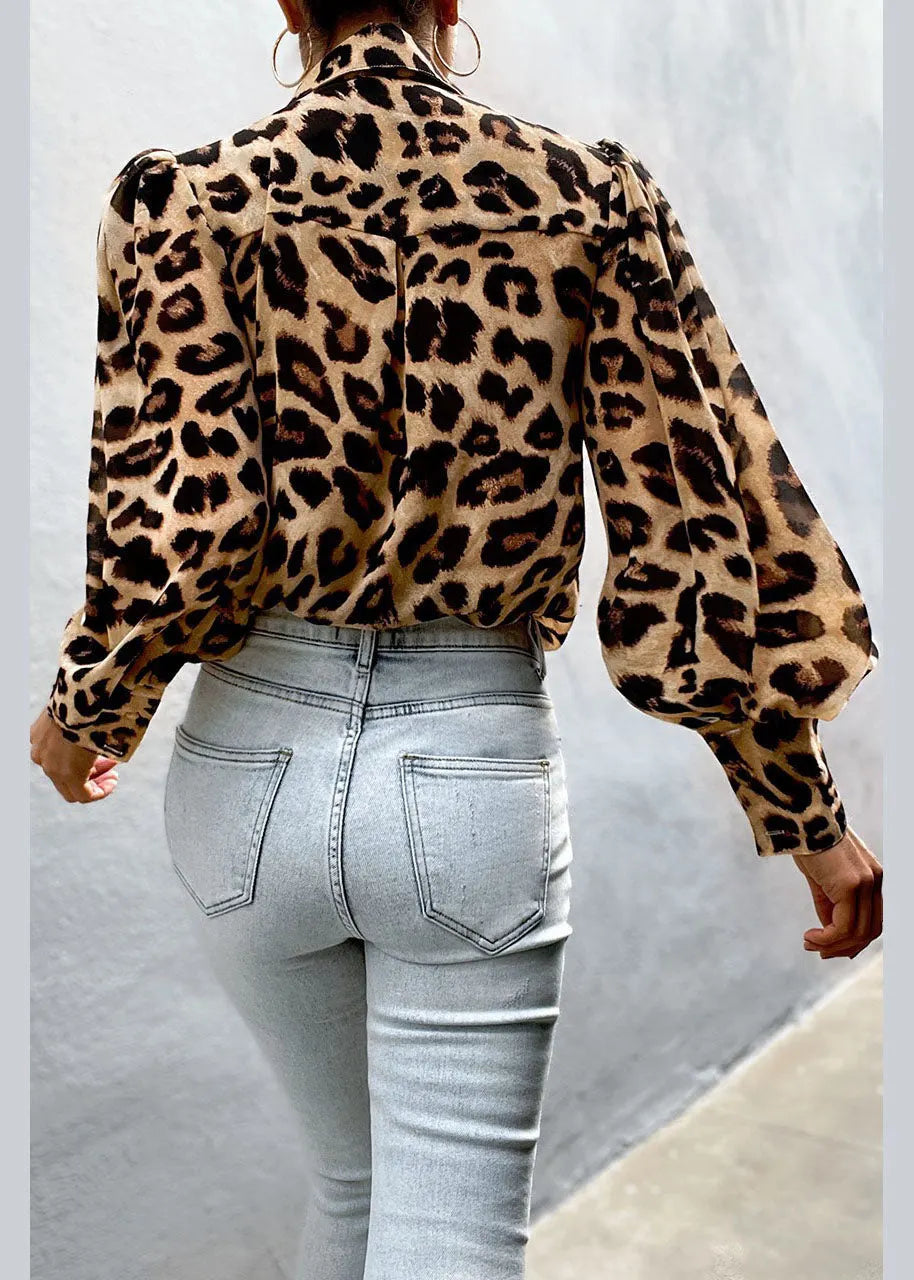 Loose Turn-down Collar Button Leopard Print Shirts Lantern Sleeve