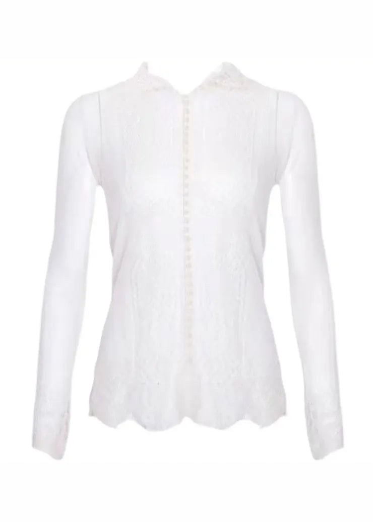 White V Neck Pearl Button Lace Shirt Long Sleeve
