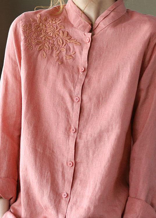 Pink Button Embroideried Fall Linen Tops Long Sleeve