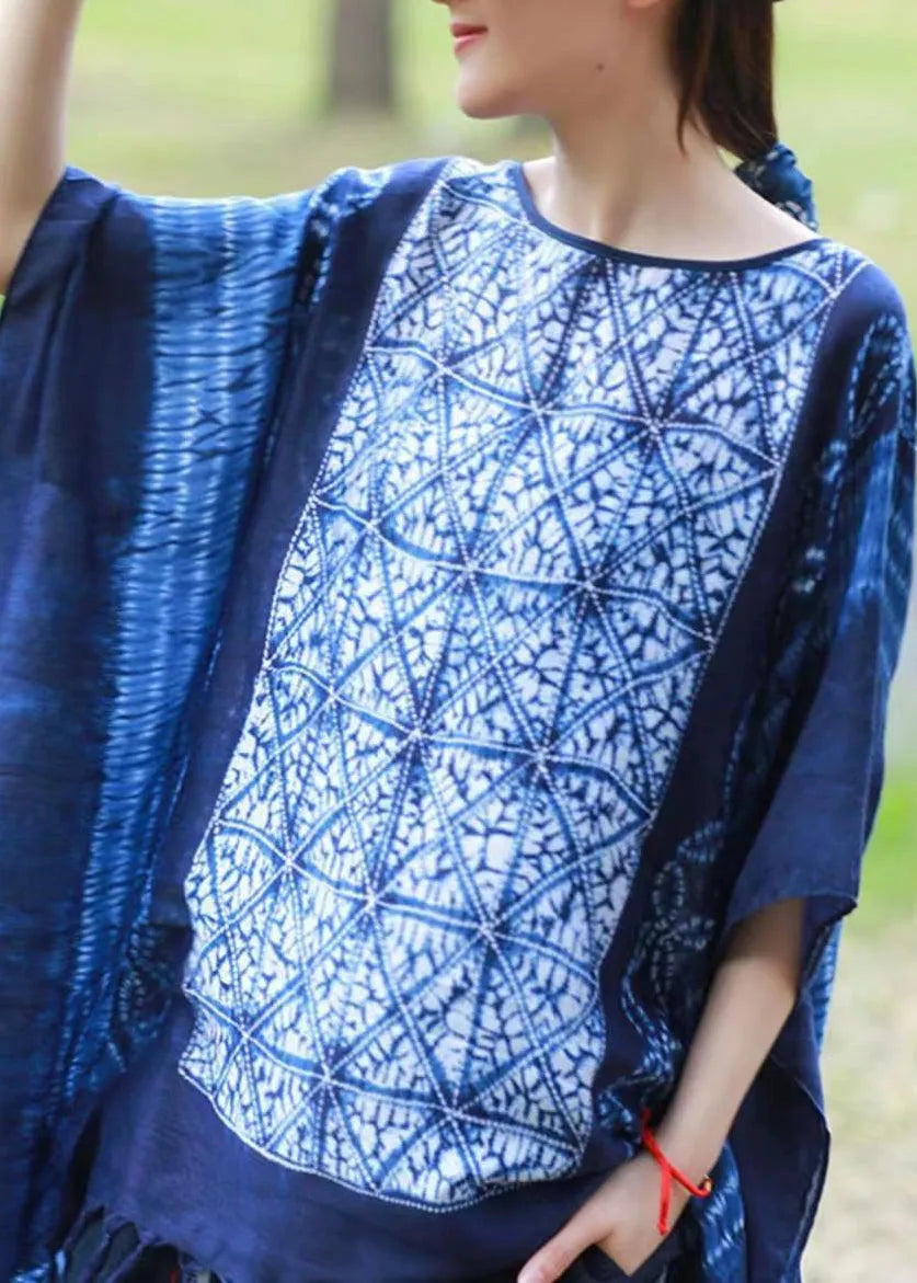 Blue Asymmetrical Design Tassel Print Linen Tops Batwing Sleeve