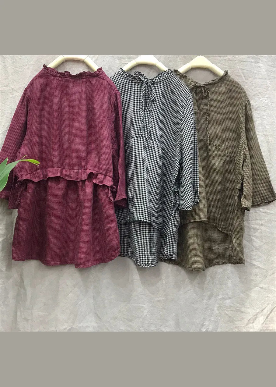 Natural Red Ruffled Plaid Flare Sleeve Blouse Tops
