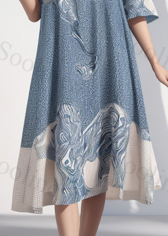 Fitted Blue Oversized Print Cotton Maxi Dresses Summer
