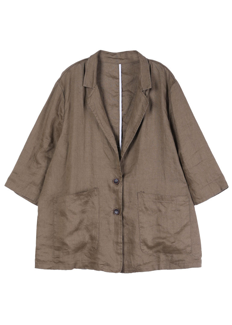 Dark Brown Notched Collar Pockets Linen Coat Long Sleeve