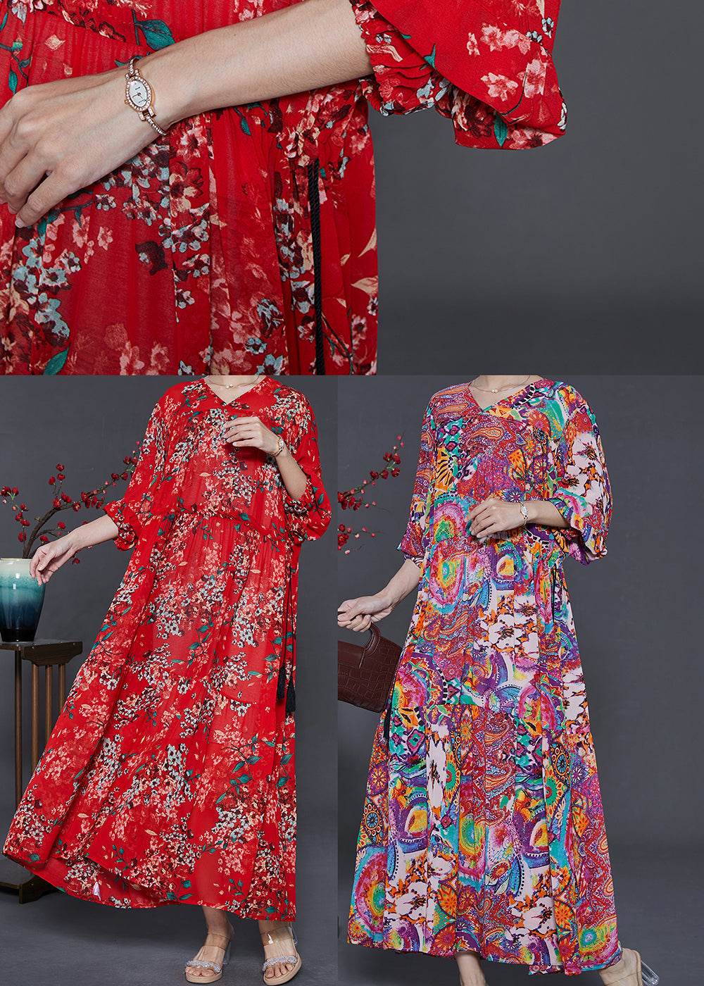 Red Cinched Print Chiffon Vacation Dresses Summer