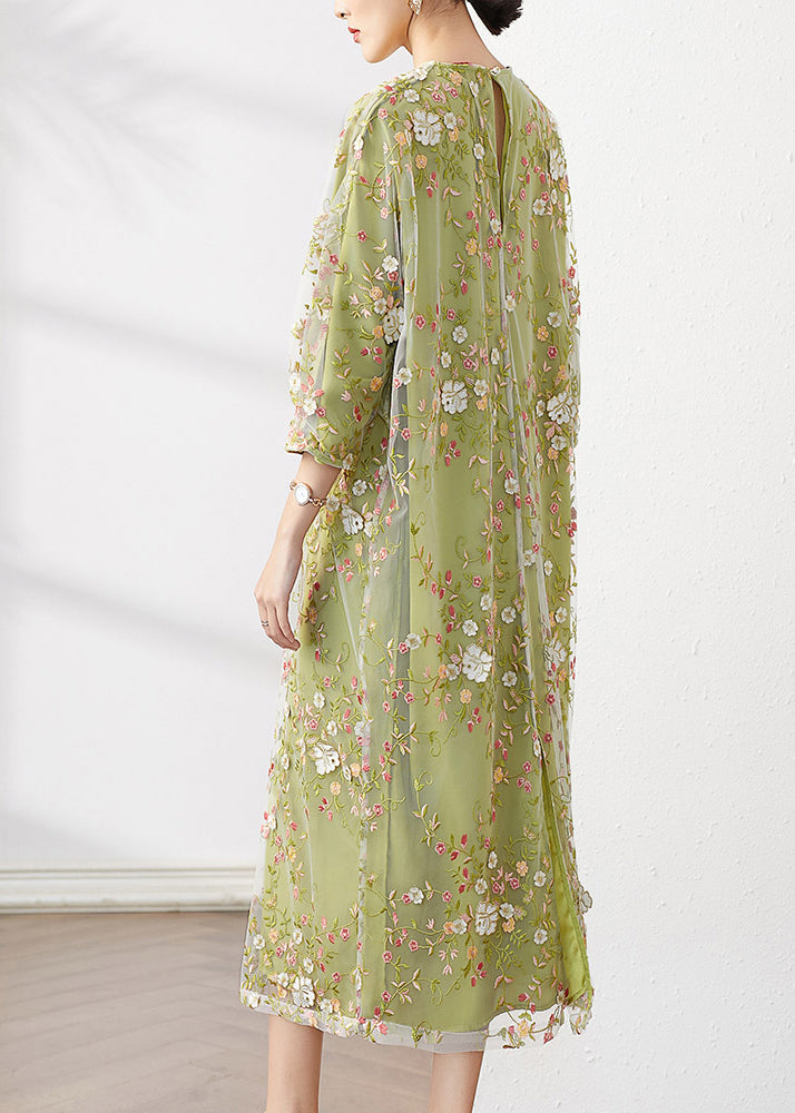 Original Green O-neck Embroideried Patchwork Tulle Dress Fall