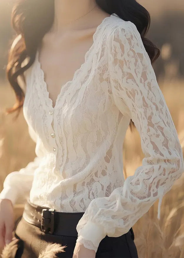 Slim Fit White V Neck Button Lace Blouses Fall