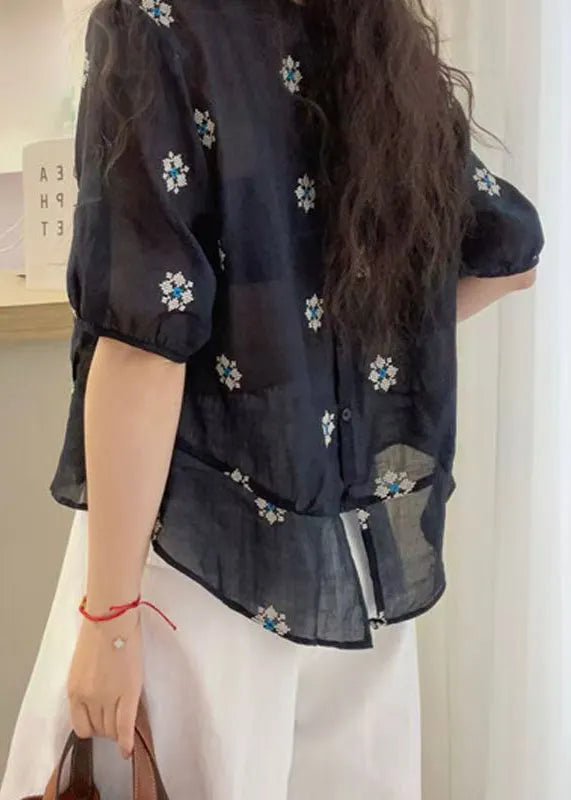 Loose Yellow O Neck Embroidered Cotton Blouses Summer
