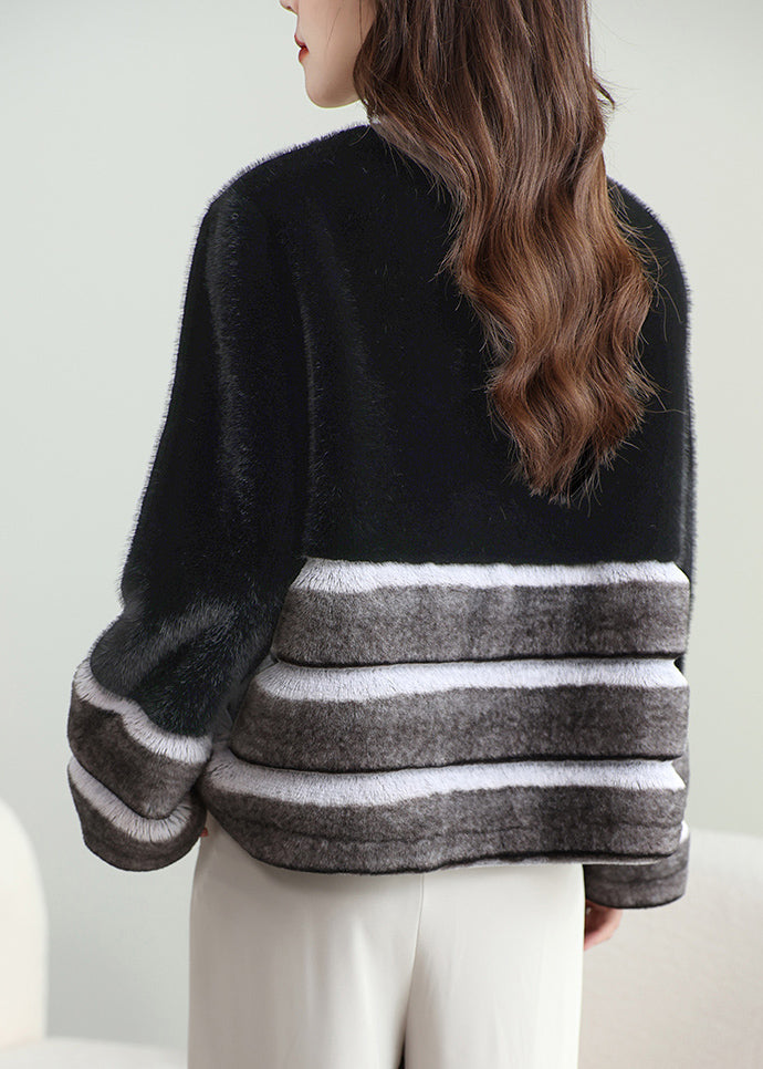 Striped Black O-neck Button Patchwork Leather and Fur Coat Winter