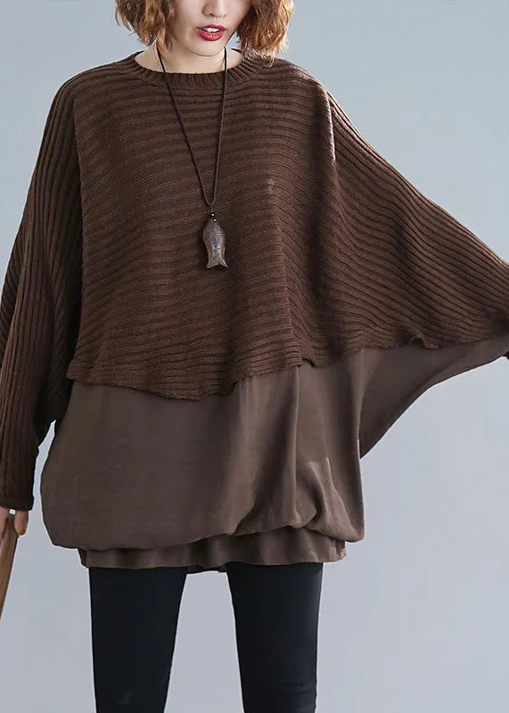 Style Chocolate O-neck Patchwork Knit Sweaters Batwing Sleeve