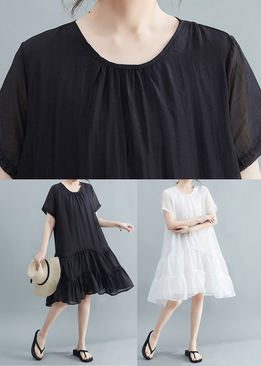 Black O-neck Patchwork Wrinkled Cotton Dresses Summer