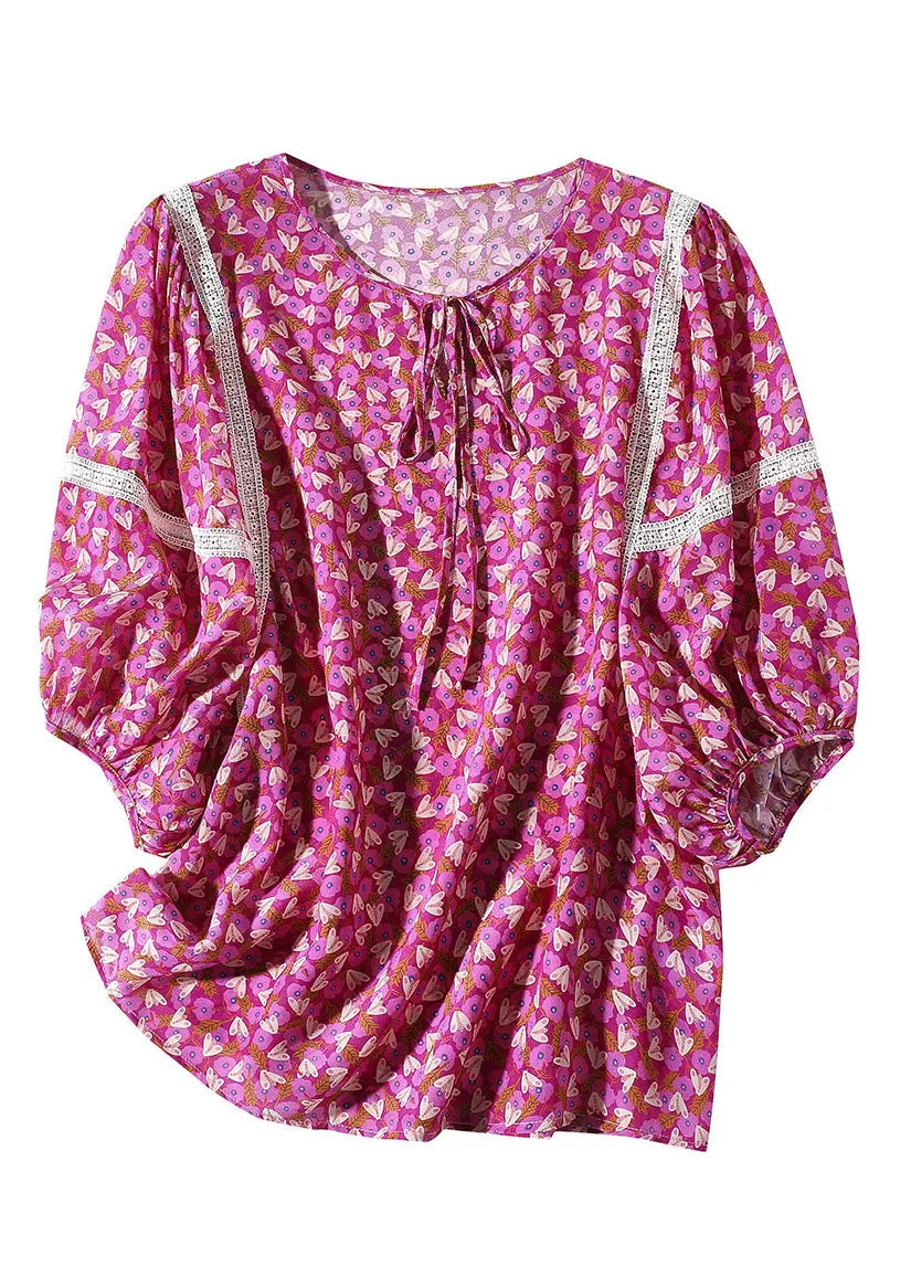 Rose O-neck Print Neck Tie Silk Tops Short Sleeve