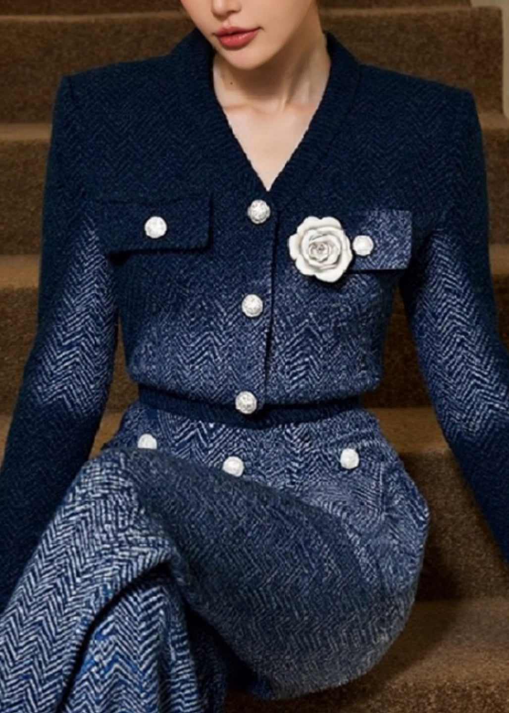 Blue V Neck Knit Two Pieces Set Fall