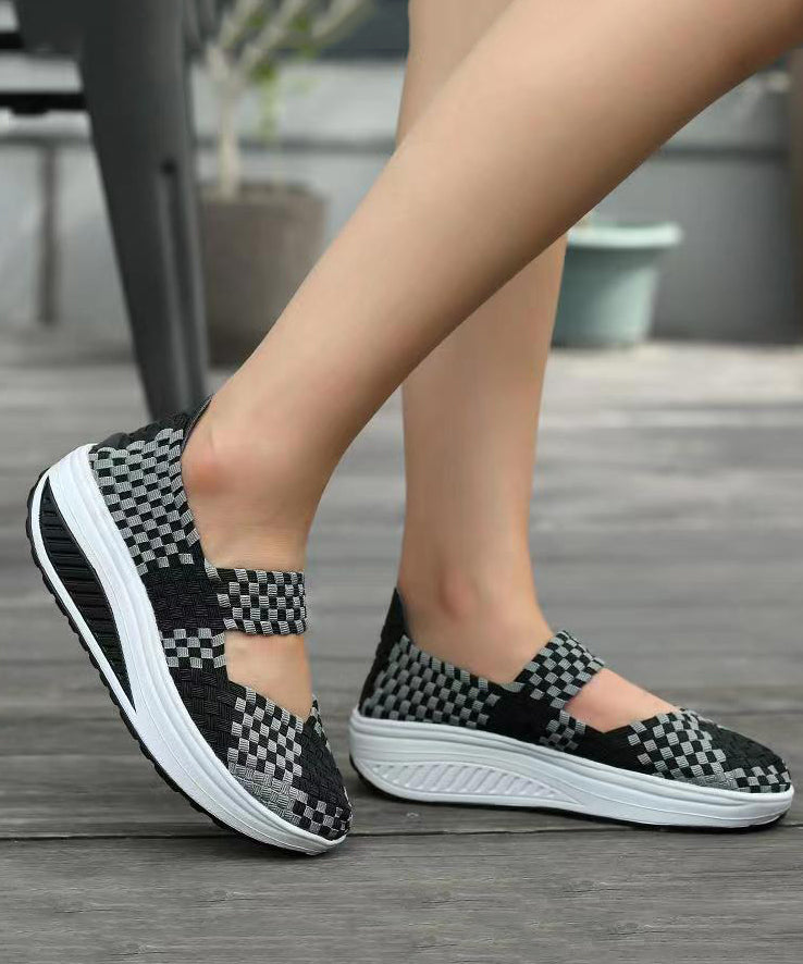 Black Knit Fabric Art Splicing High Wedge Heels Shoes Soofairy Shoes-20251