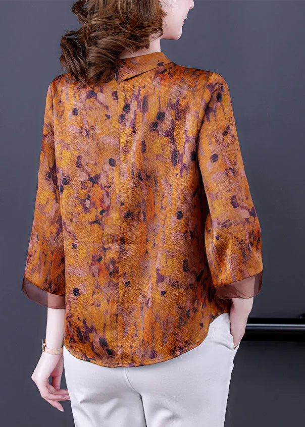 Yellow Stand Collar Zippered Print Silk Shirts Bracelet Sleeve