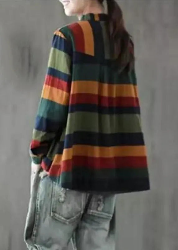 Unique Colorblock Stand Collar Low High Design Button Striped Shirts Long Sleeve