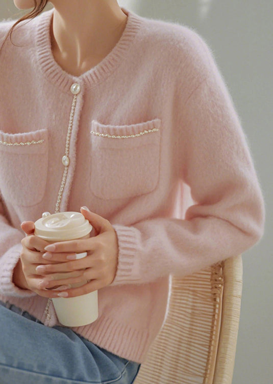 Art Pink O-neck Button Pockets Knit Cardigan Spring