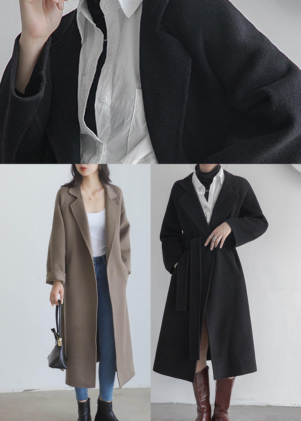 Grey Coffee Colour Notched Woolen Long Coats Fall